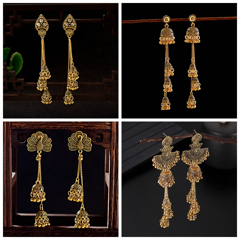 Indian Wedding Supply - أقراط جومكا جديدة بلون ذهبي مع